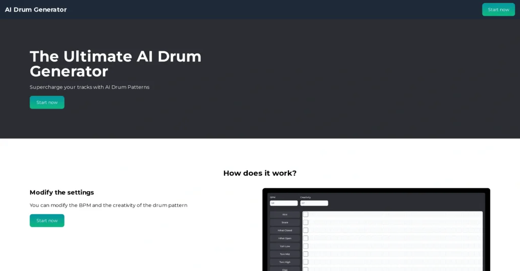 AI Drum Generator interface showing homepage
