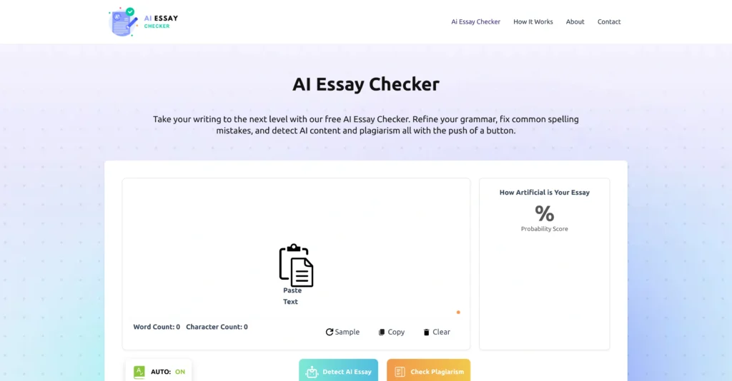 AI Essay Checker interface showing homepage