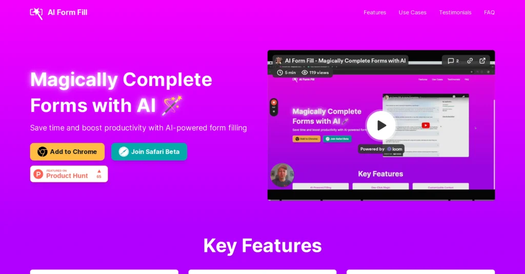 AI Form Fill interface showing homepage
