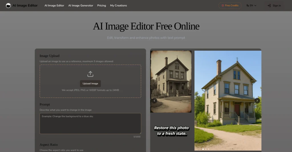 AI Image Editor interface showing homepage