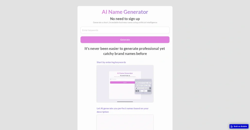 AI Name Generator interface showing homepage