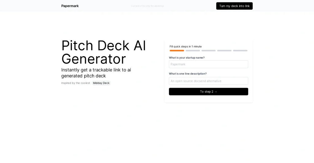 AI Pitch Deck Generator interface showing homepage
