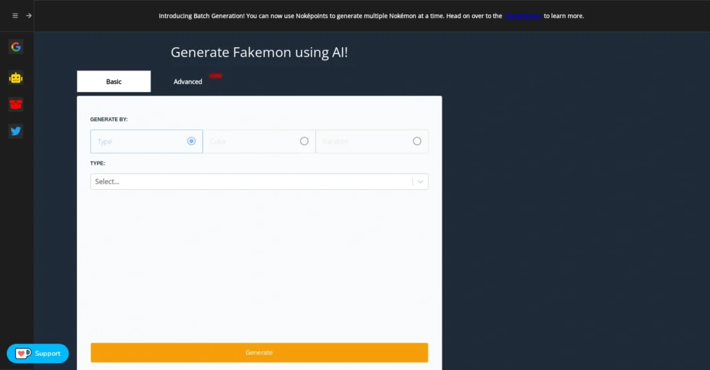AI Pokemon generator interface showing homepage