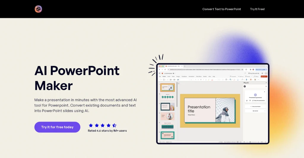 AI PowerPoint Maker interface showing homepage