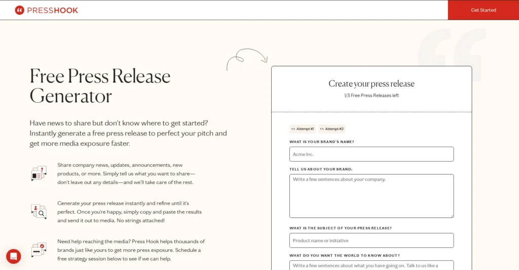 AI Press Release Generator interface showing homepage