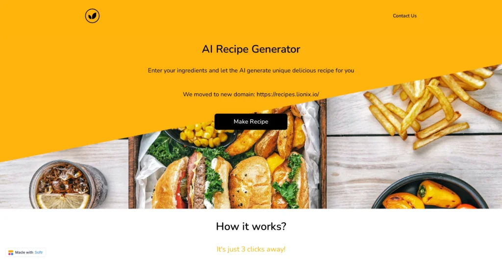 AI Recipe Generator interface showing homepage
