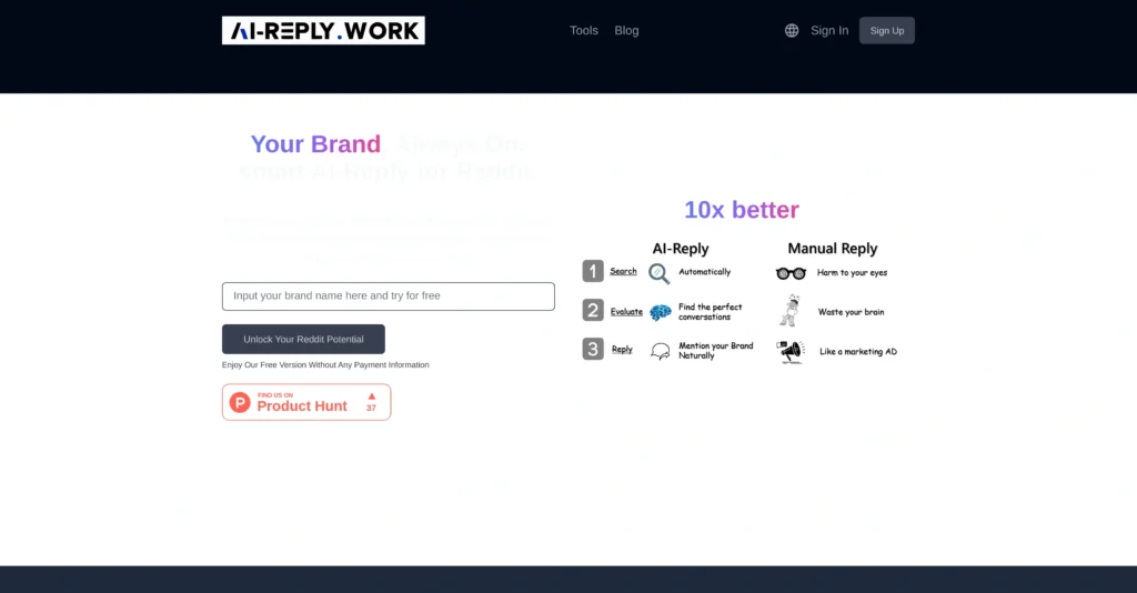 AI-Reply interface showing homepage