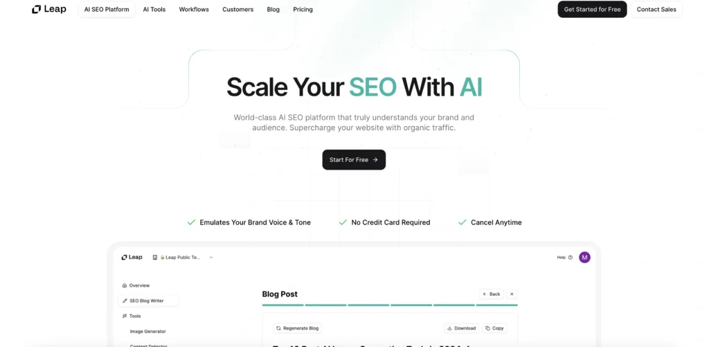 AI SEO by Leap interface showing homepage