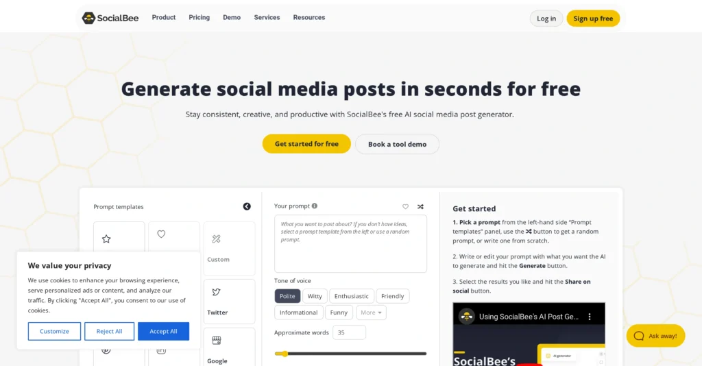 AI Social Post Generator interface showing homepage
