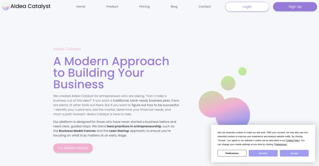 AIdea Catalyst interface showing homepage