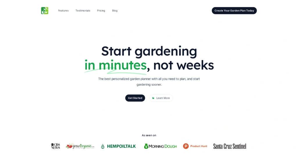AIGardenPlanner interface showing homepage