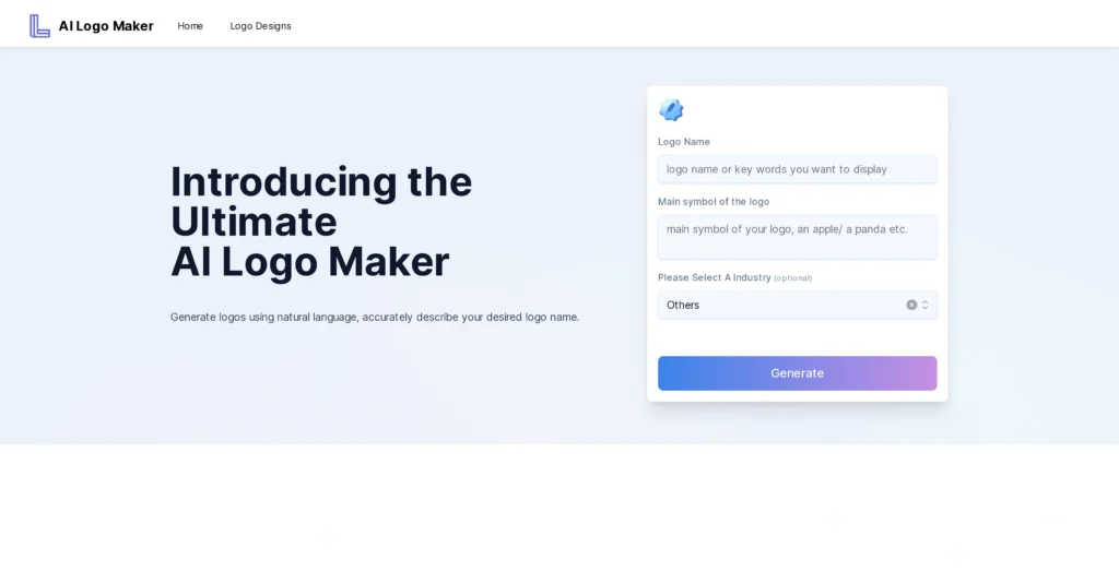 AILogoMaker interface showing homepage