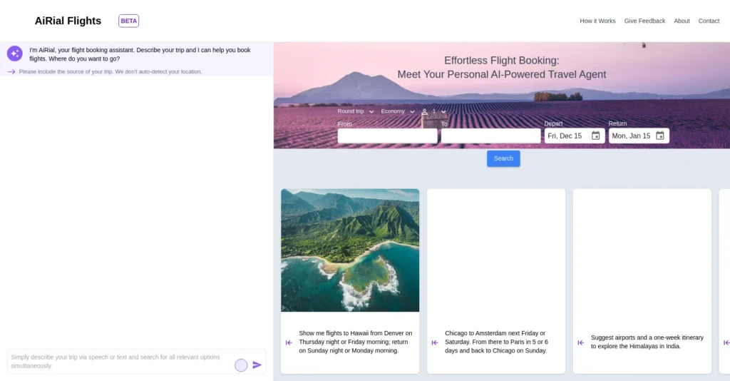AiRial Flights interface showing homepage