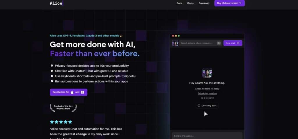 Alice App interface showing homepage