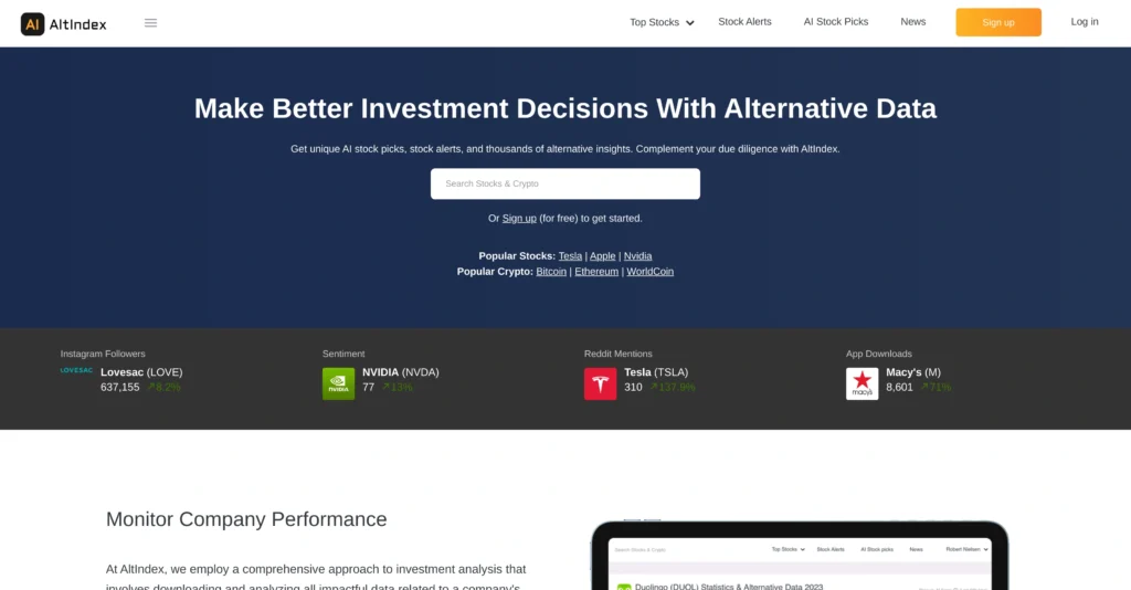 AltIndex interface showing homepage