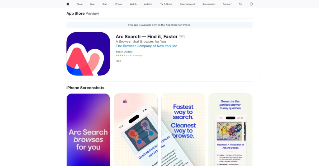 Arc Search interface showing homepage