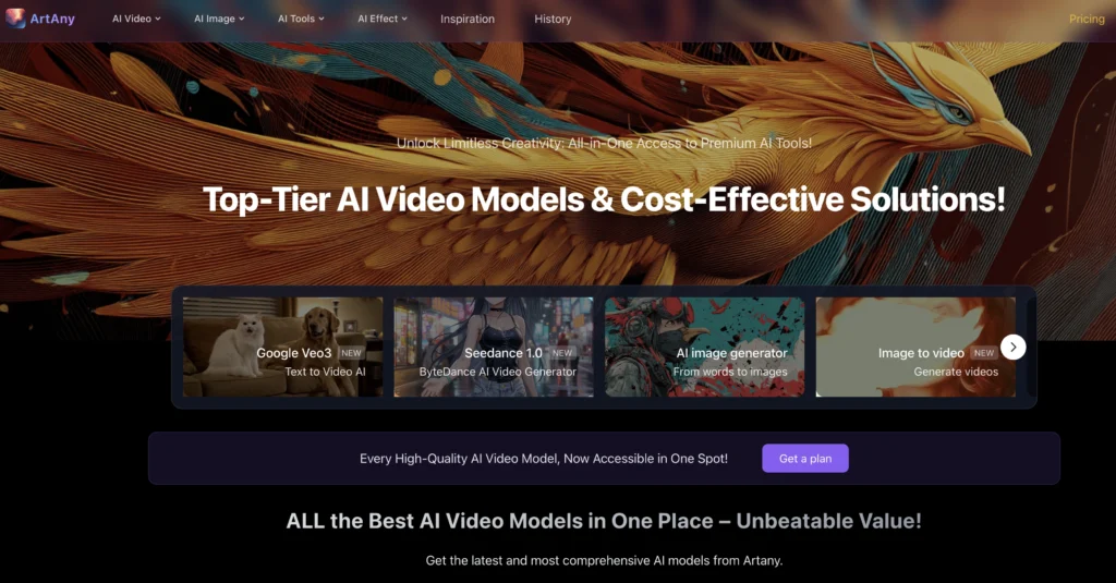 ArtAny AI's Image to Video interface showing homepage