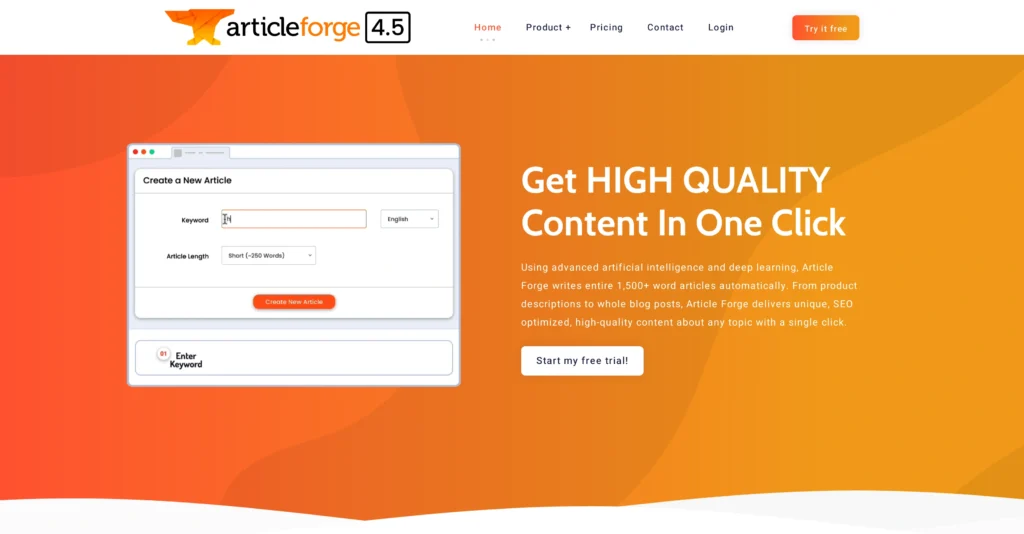 Article Forge interface showing homepage