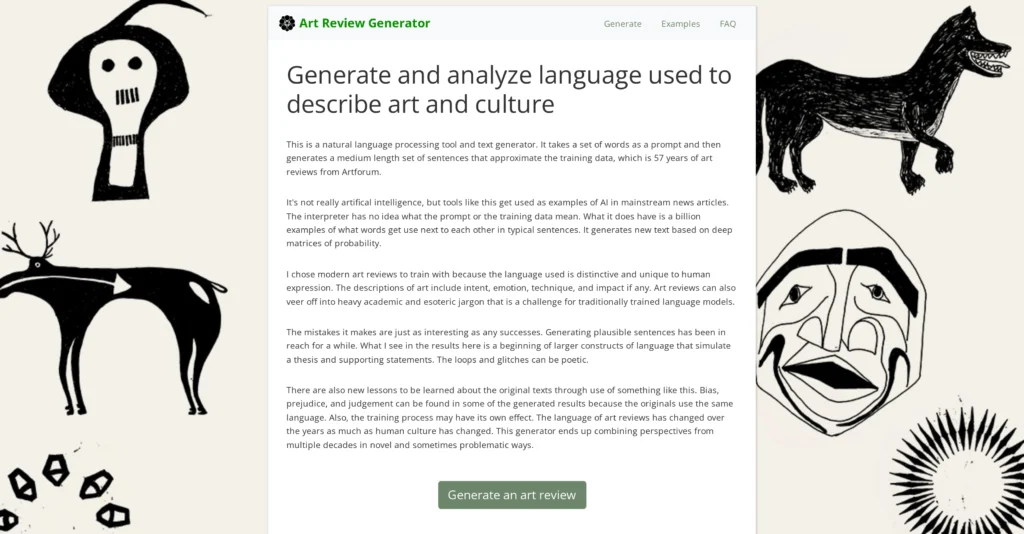 Artreviewgenerator interface showing homepage