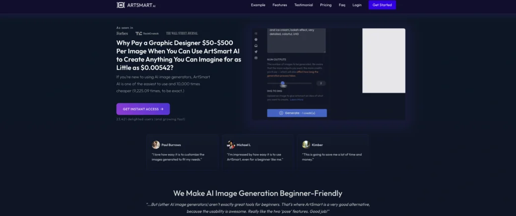ArtSmart AI interface showing homepage