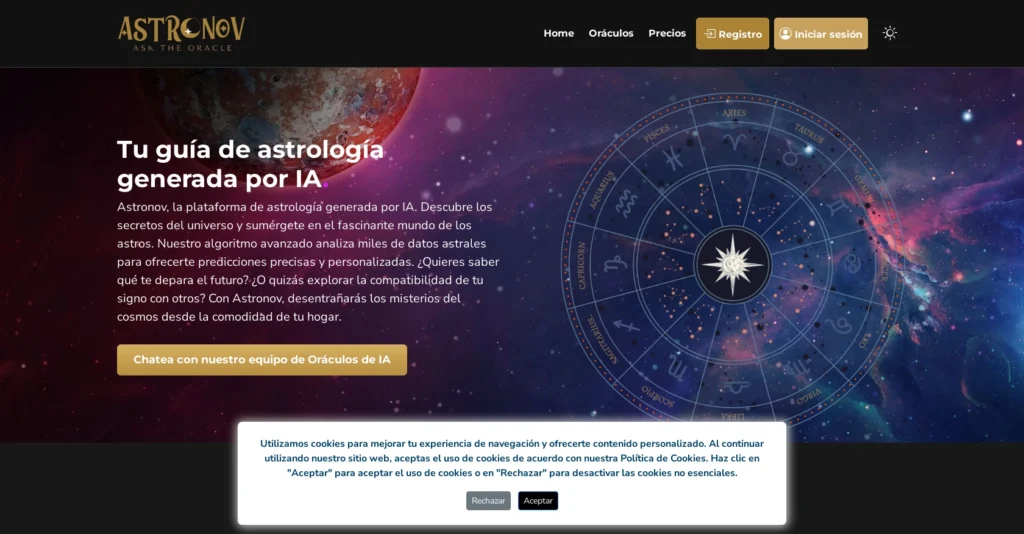 Astronov interface showing homepage