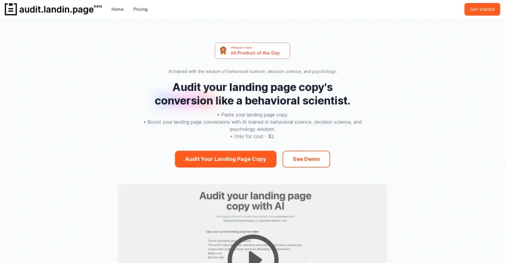 Audit Landin Page interface showing homepage