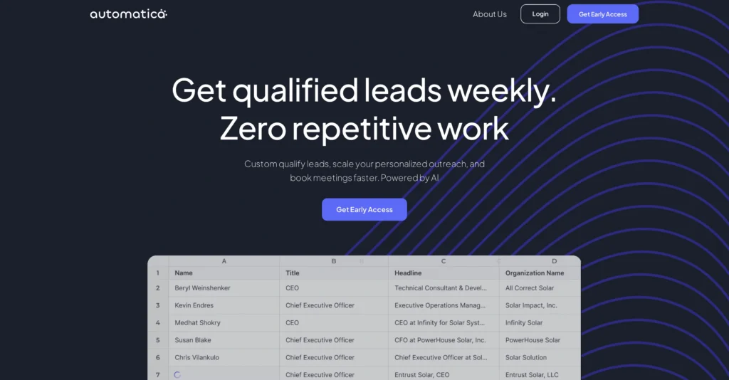 Automatica interface showing homepage