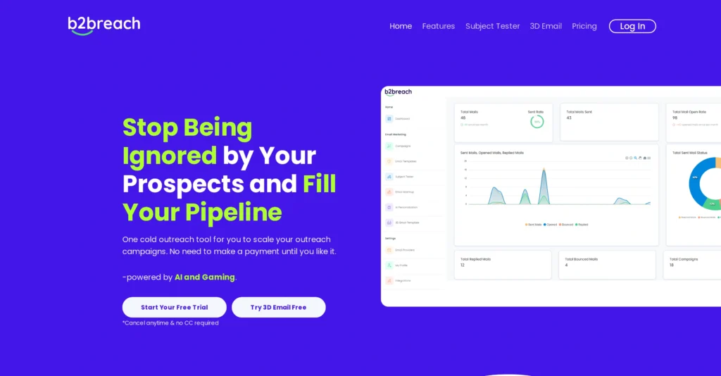 B2BReach interface showing homepage