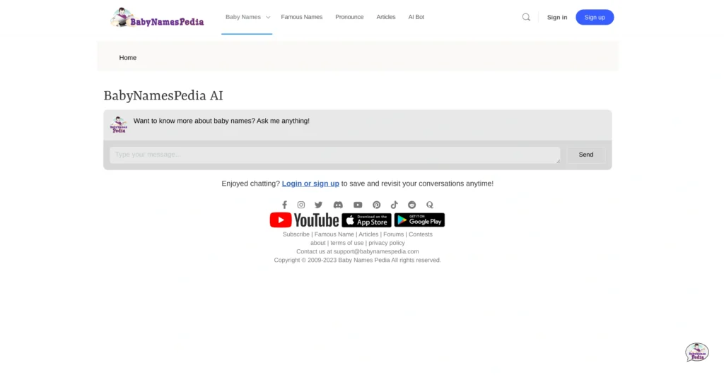 BabyNamesPedia AI interface showing homepage