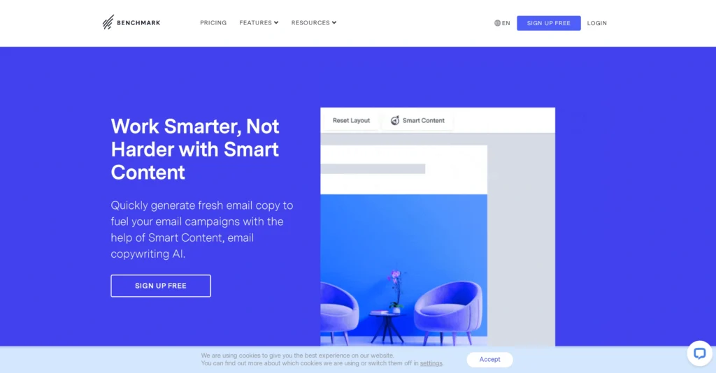 Benchmark Email interface showing homepage