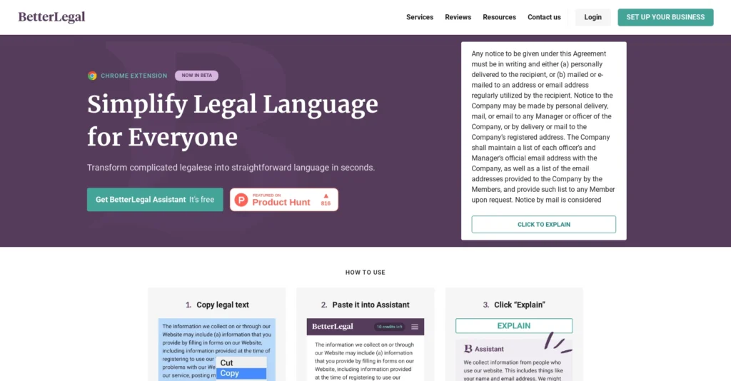 BetterLegal interface showing homepage