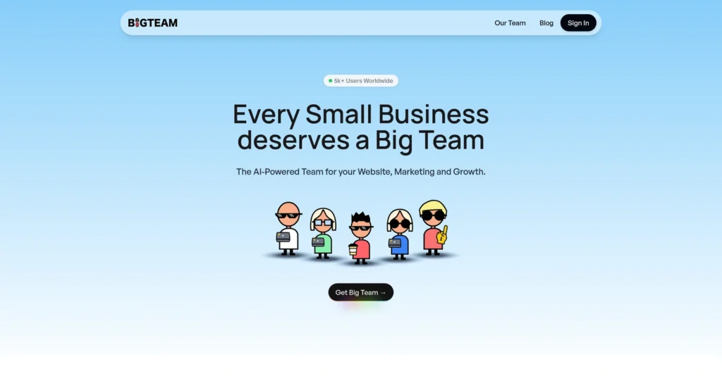 BigTeam interface showing homepage