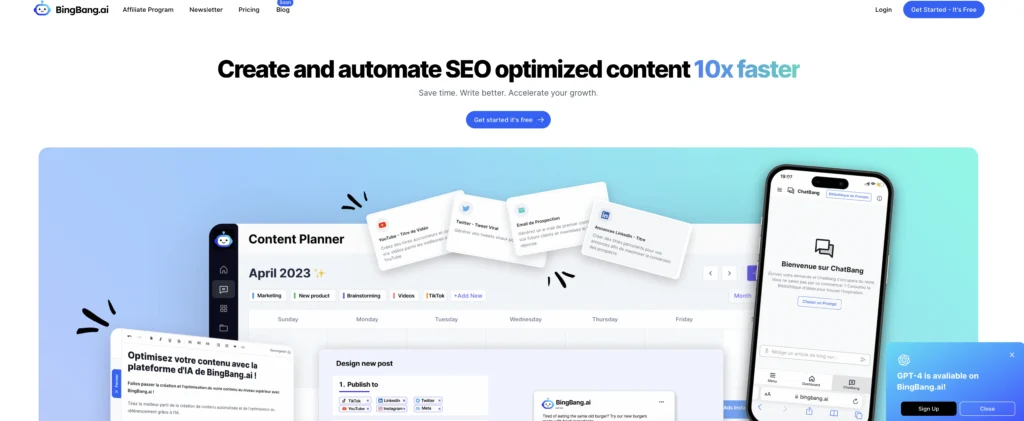 BingBangAI interface showing homepage