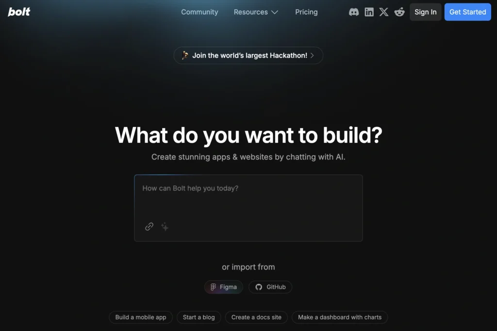bolt.newv3.0 interface showing homepage