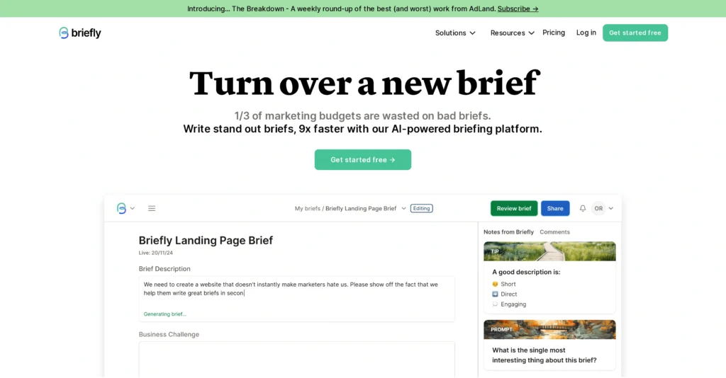 Briefly interface showing homepage