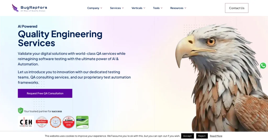 BugRaptors interface showing homepage