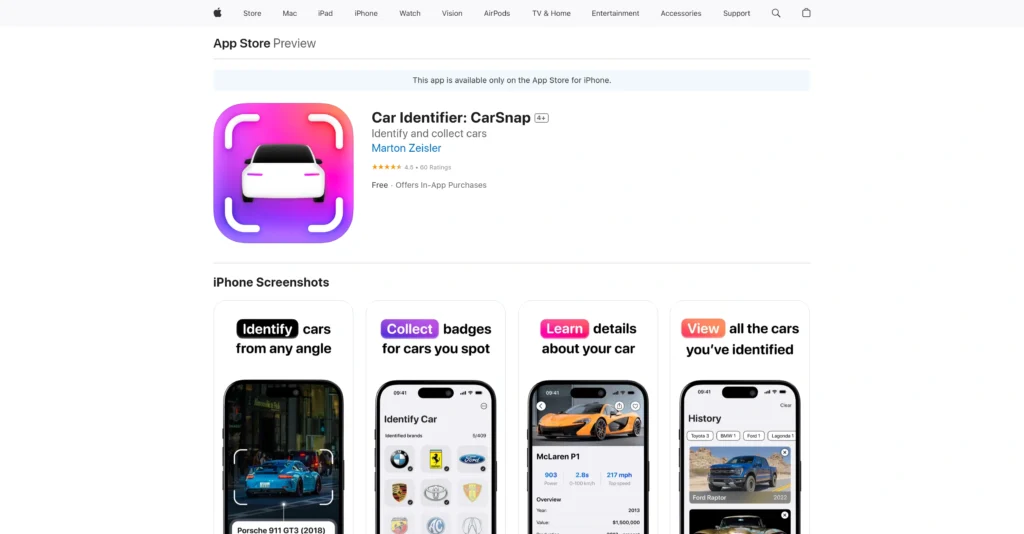 Car Identifier: CarSnap interface showing homepage
