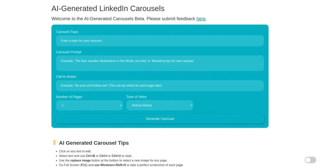 Carousel generator interface showing homepage