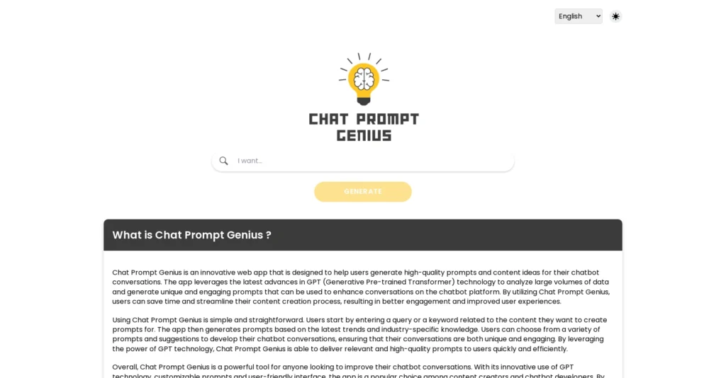 Chat Prompt Genius interface showing homepage