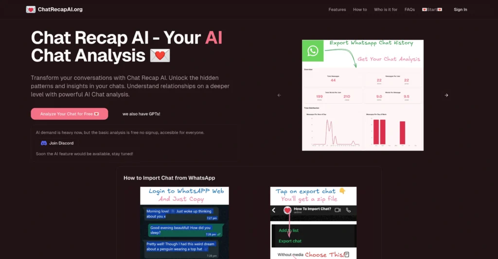 Chat Recap AI interface showing homepage