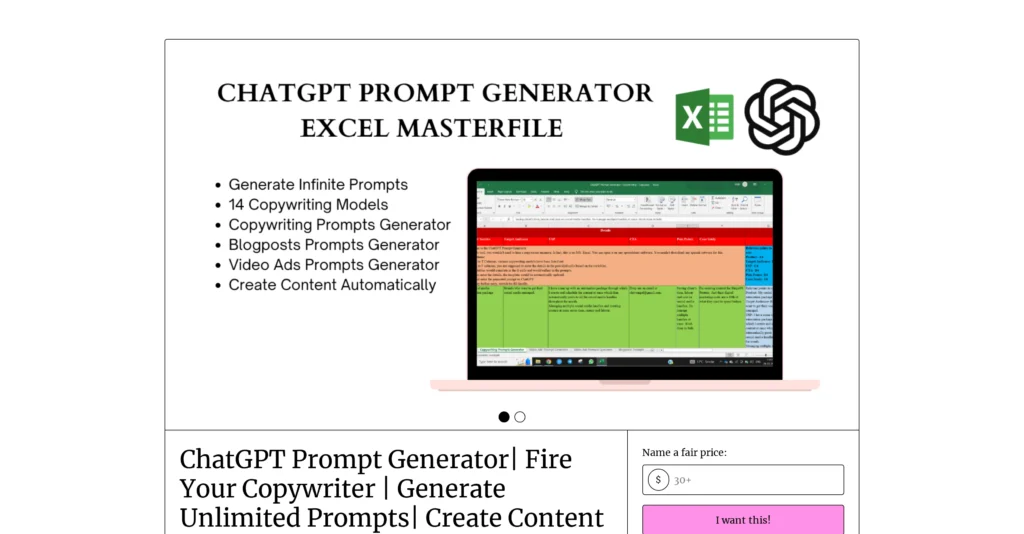 ChatGPT Copywriting Prompts Generator interface showing homepage