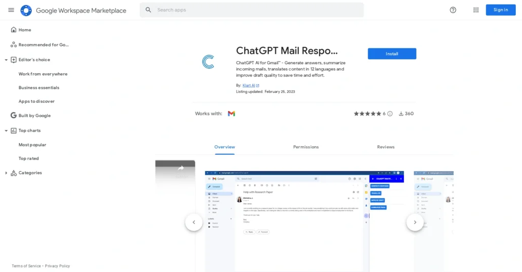 ChatGPT Mail Responder interface showing homepage