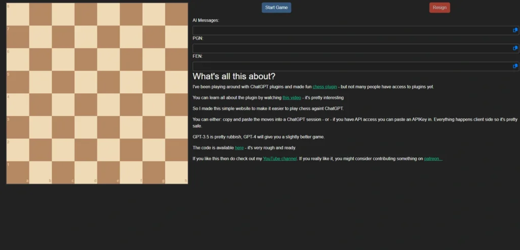 ChessGPT Atomic interface showing homepage