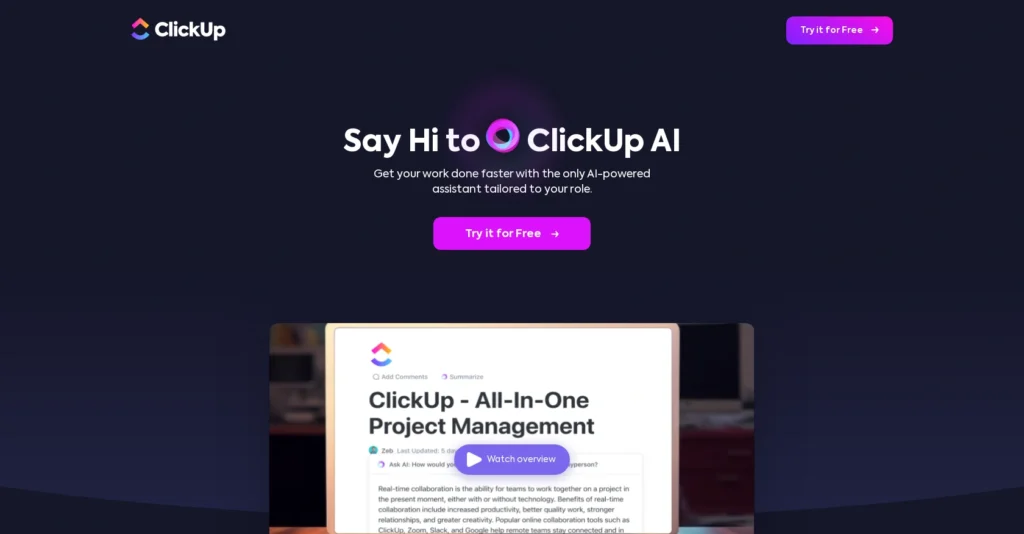 Clickup interface showing homepage