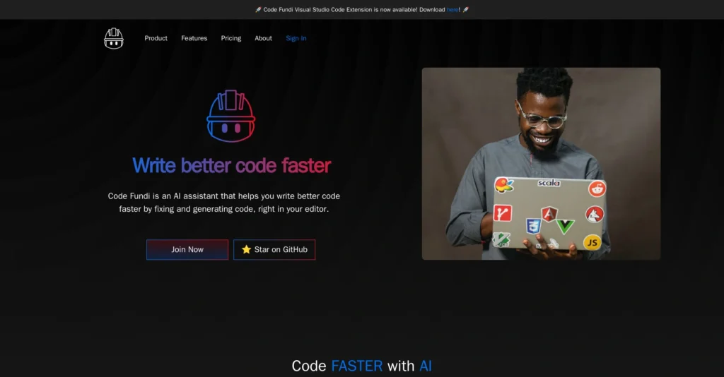 Code Fundi interface showing homepage