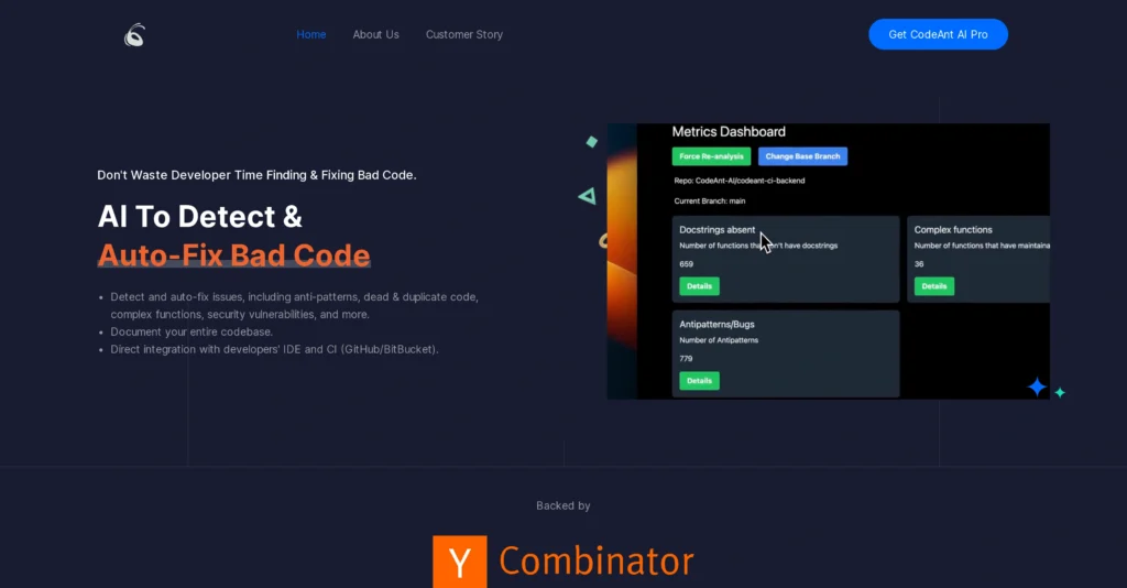 CodeAnt AI interface showing homepage