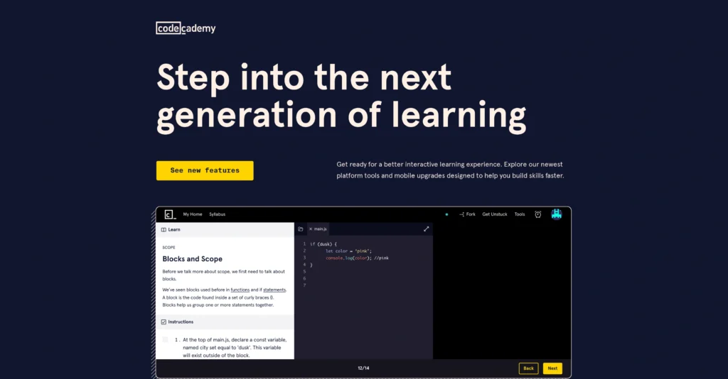 Codecademy AI Learning Tools interface showing homepage