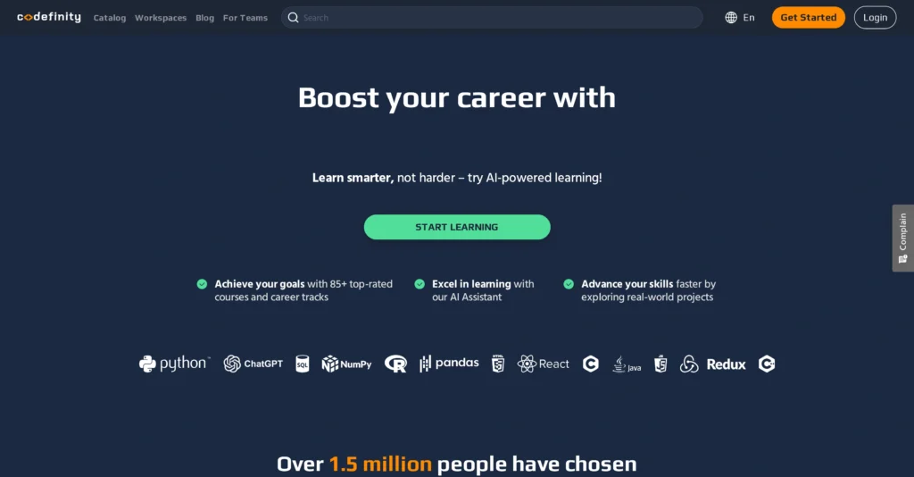 Codefinity interface showing homepage
