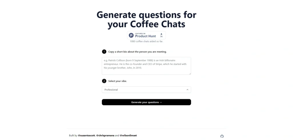CoffeeChat AI interface showing homepage