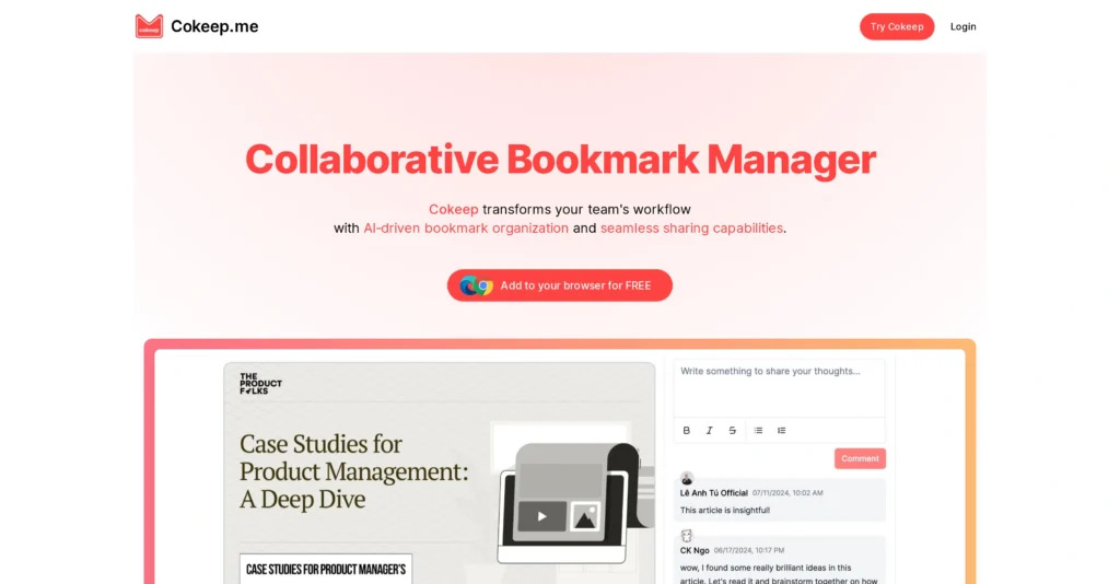 Cokeep interface showing homepage